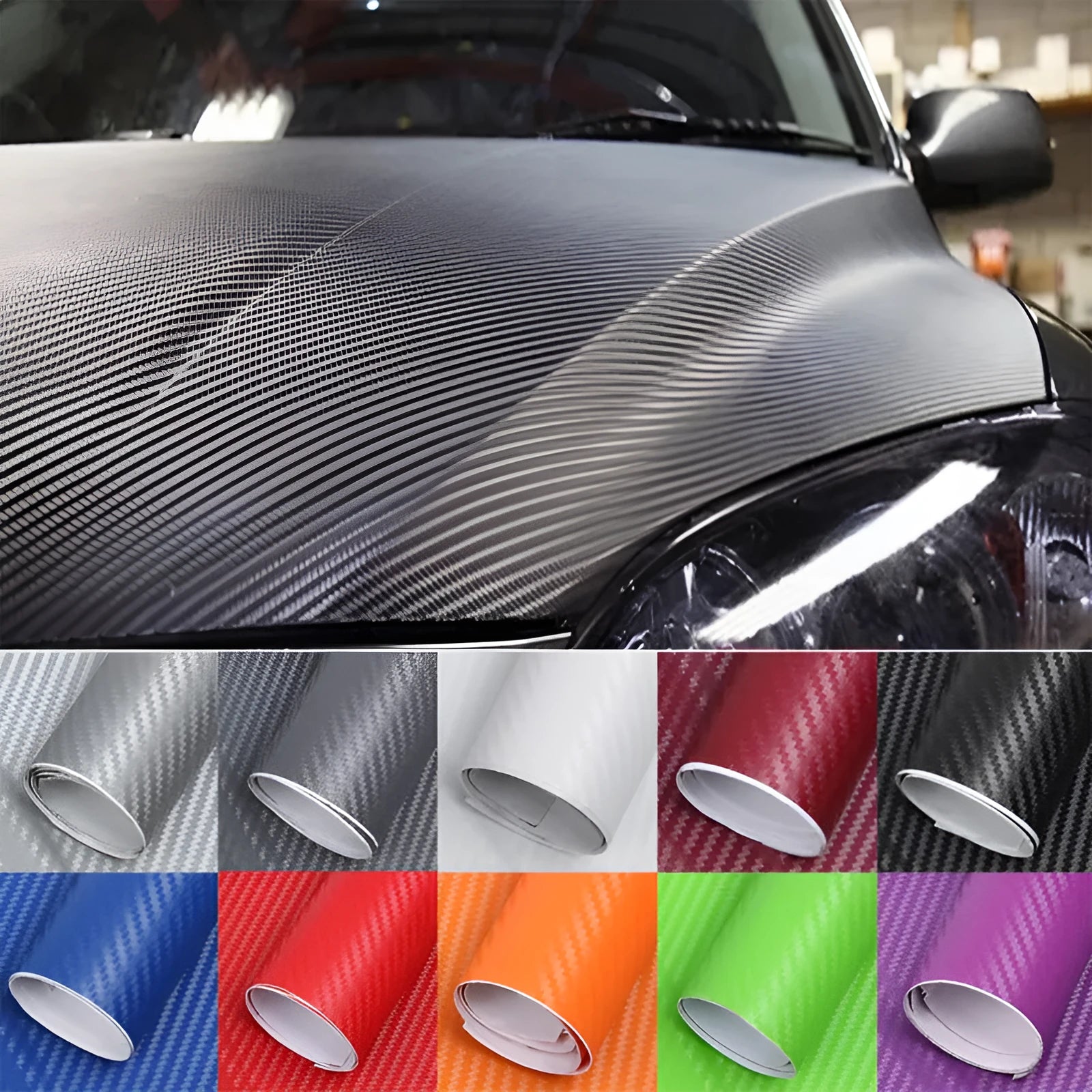 Roll of 3D carbon fiber patterned vinyl sticker for car decoration, showing textured surface