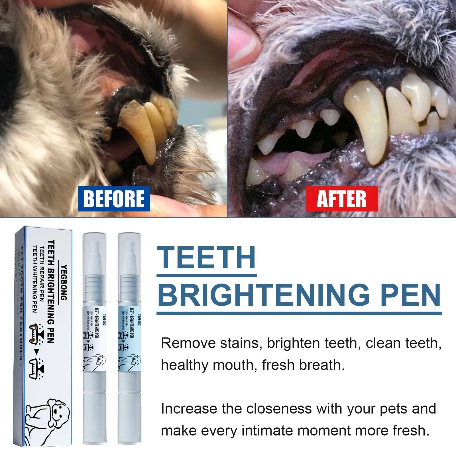 Pet teeth whitening pen set with two applicators and dental brushes for dog and cat tartar removal