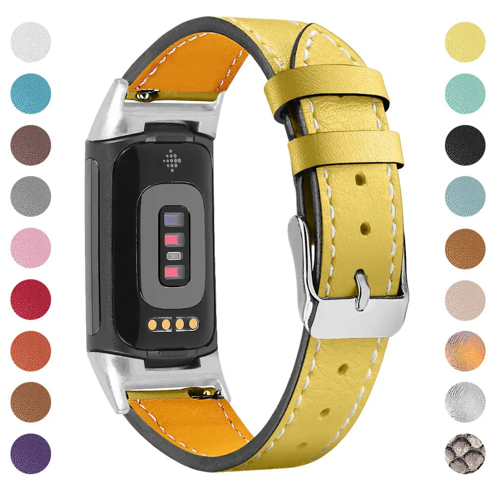 Genuine cowhide leather replacement strap with buckle clasp for Fitbit Charge 5 and Charge 6 smartwatches.