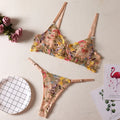 Floral mesh bra set with steel ring T-back design in multiple colours