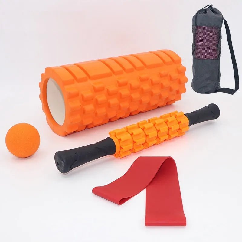 Black six-piece foam massage roller measuring 33 cm long with segmented design