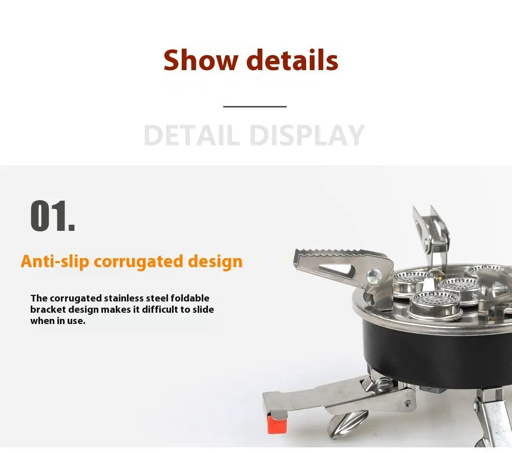 Silver stainless steel split camping stove with 100cm hose, folded dimensions 155x125mm