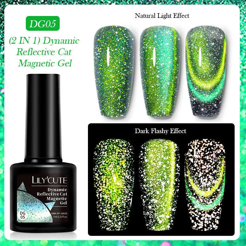 Cat eye series nail polish gel bottle showing diamond glitter fragments in one of six available colour options