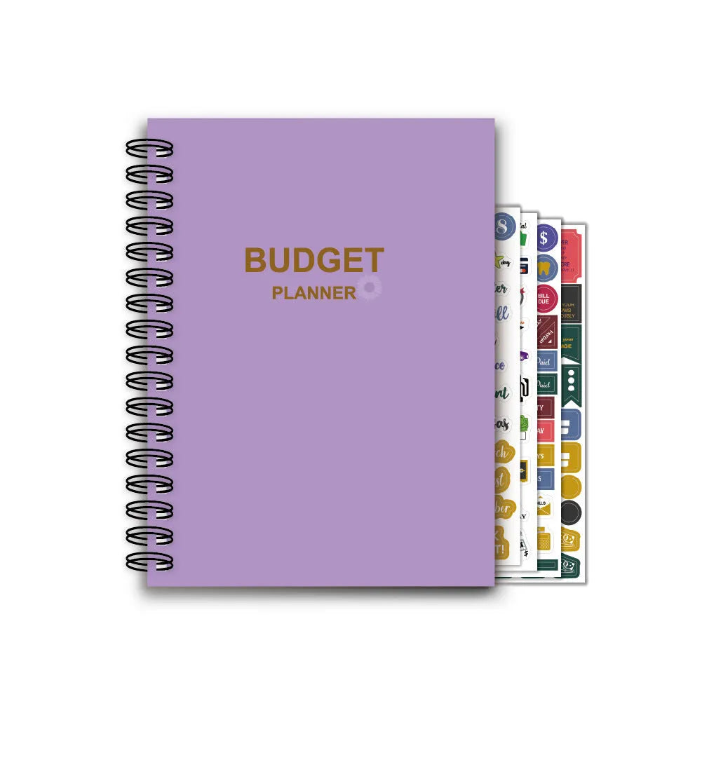 Purple coil-bound budget notebook with stickers for monthly financial planning showing Daolin paper pages