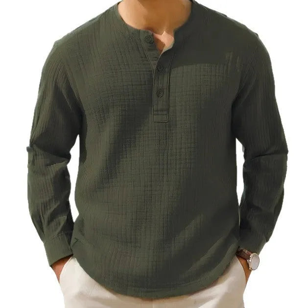 Cotton linen long sleeve shirt in slim fit with round neck and three-quarter sleeves in army green colour