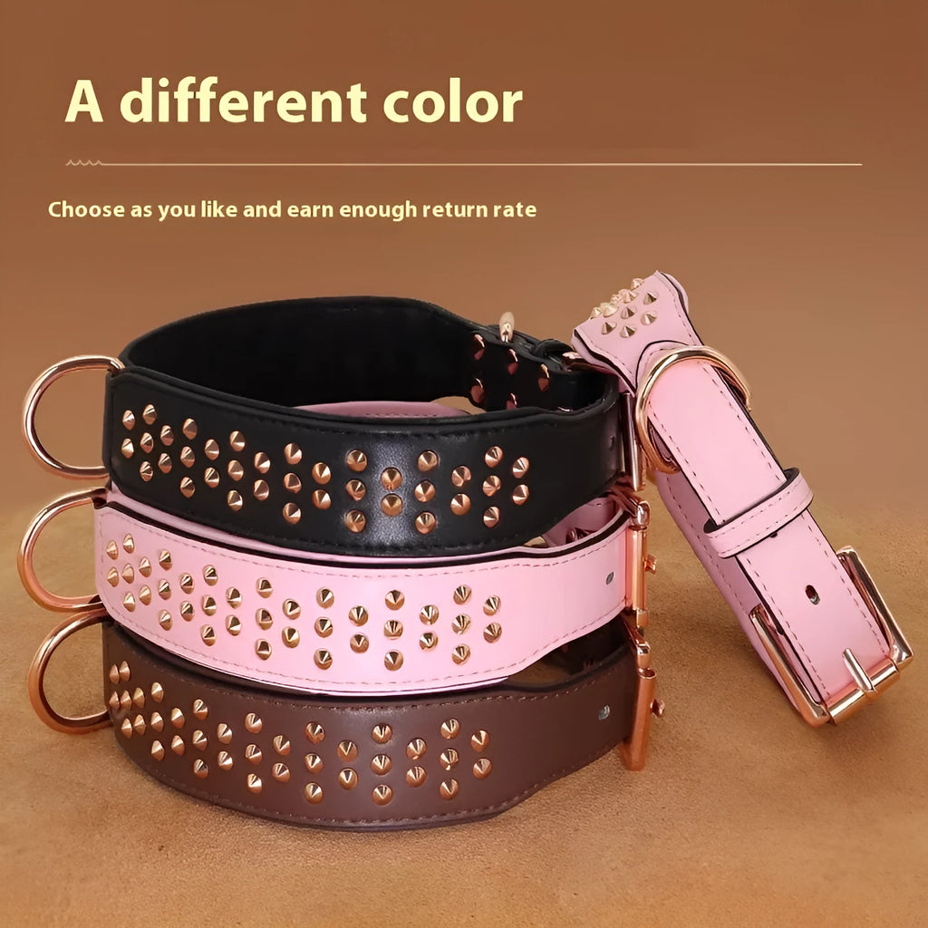 Leather dog collar with metal rivets and a stainless steel D-ring, shown in black, chocolate, and pink colour options.