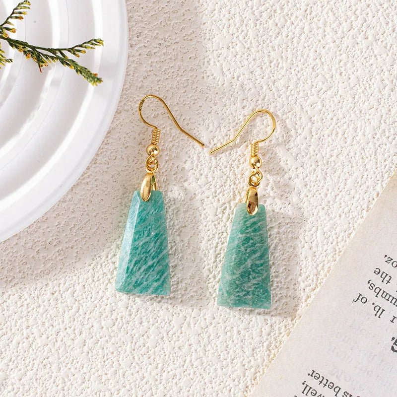 Amazonite rough stone trapezoid geometric earrings in gold or silver finish with octagon design elements