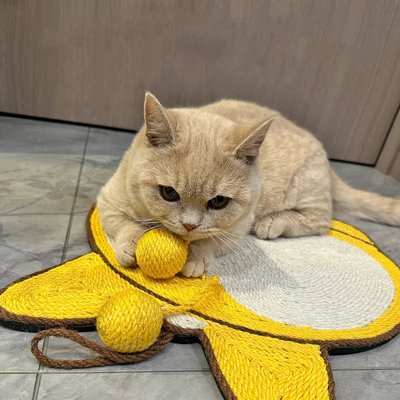 Yellow corgi butt design sisal cat scratching board with anti-slip base, shown with adhesive hooks.