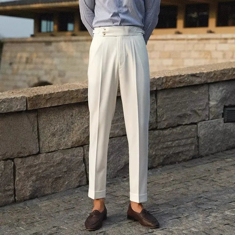 Slim fit straight cut men's suit trousers in apricot, black, or white.