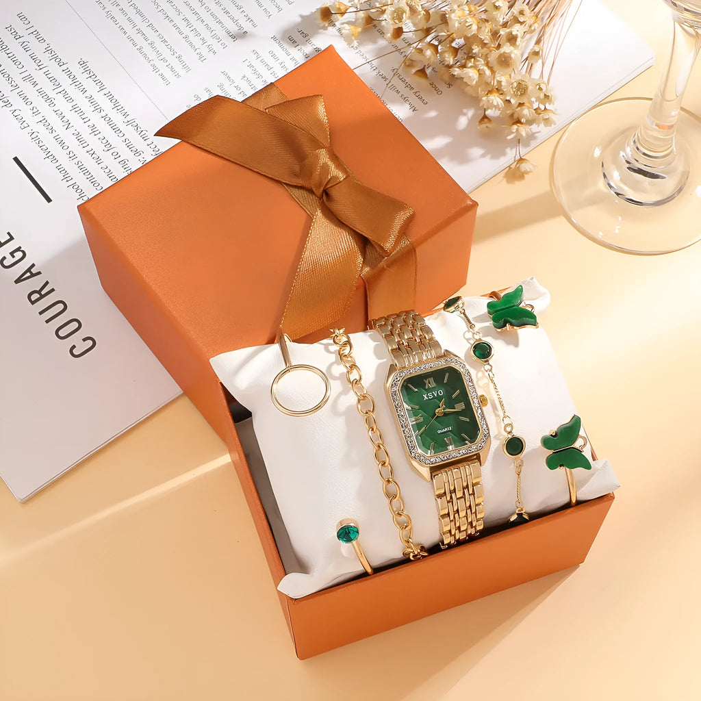 Gold green square women's watch with four matching bracelets, alloy case with jewellery buckle