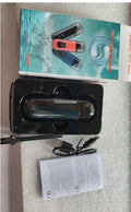 Rechargeable nose hair trimmer with digital display showing black, blue and orange colour options