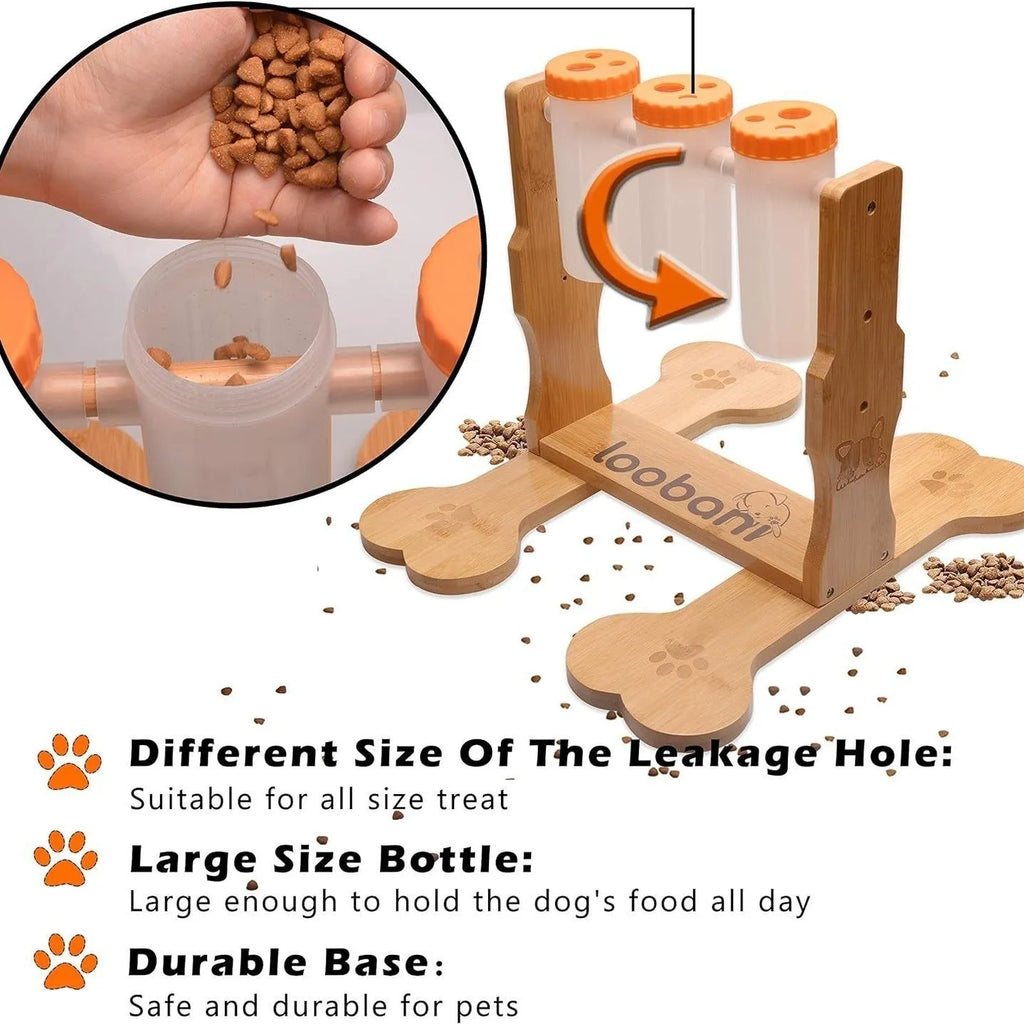 Wood colour dog puzzle toy measuring 31x30x20cm with interactive food dispensing design