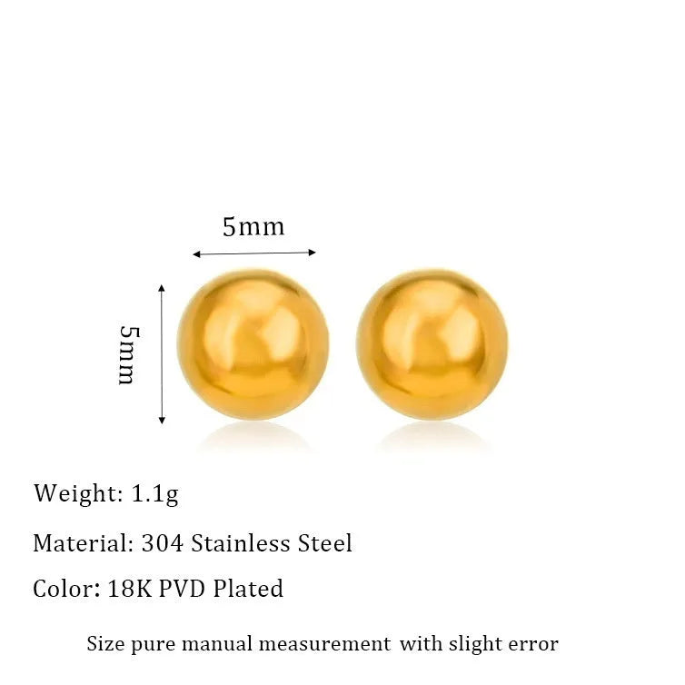 Minimalist 18K gold plated titanium steel ball stud earrings in 3mm, 4mm, 5mm, and 6mm sizes for women.