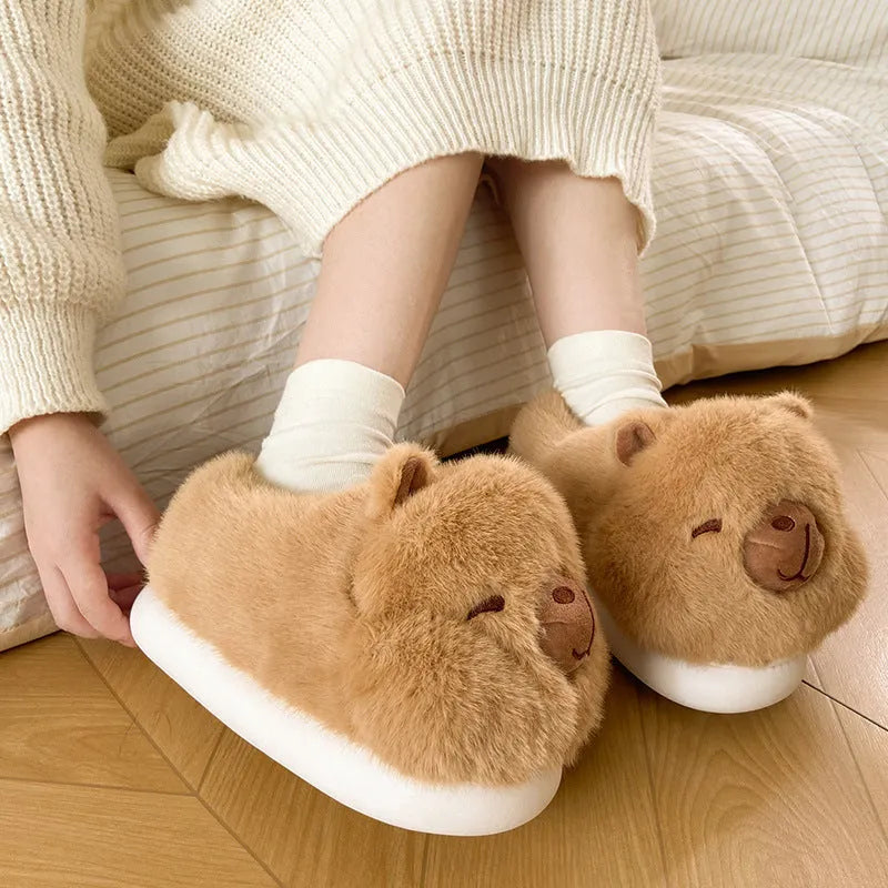 Light brown women's winter plush slippers with cartoon pattern and round toe design