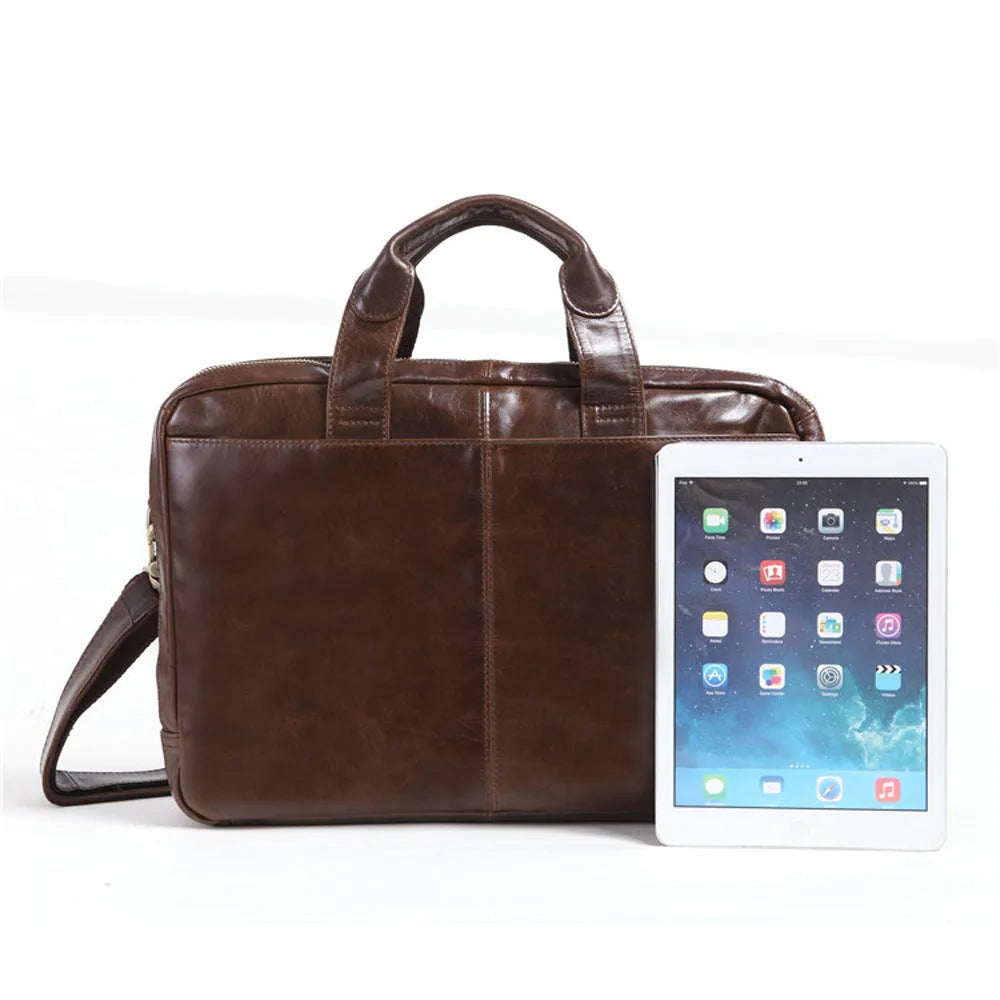 Brown first layer cowhide leather business briefcase, 18 inches in size.