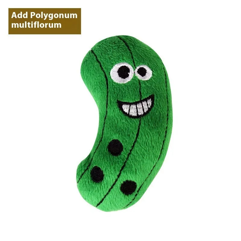 Six colourful polygonum multiflorum shaped cat toys: burrito, cone, cucumber, mushroom, pineapple, and pizza designs