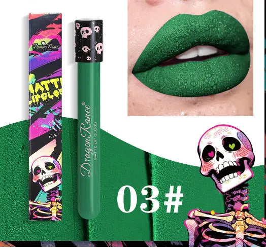 DR160 retro matte lip gloss tube for Halloween makeup in waterproof formula.