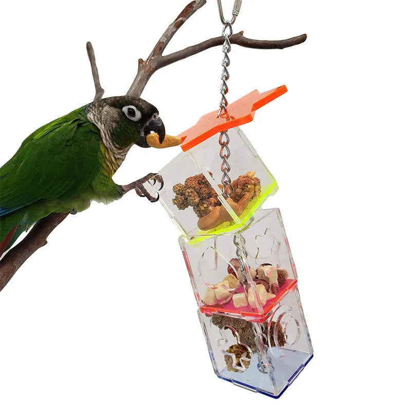 Clear acrylic parrot foraging toy, 32 cm long, for holding bird treats.