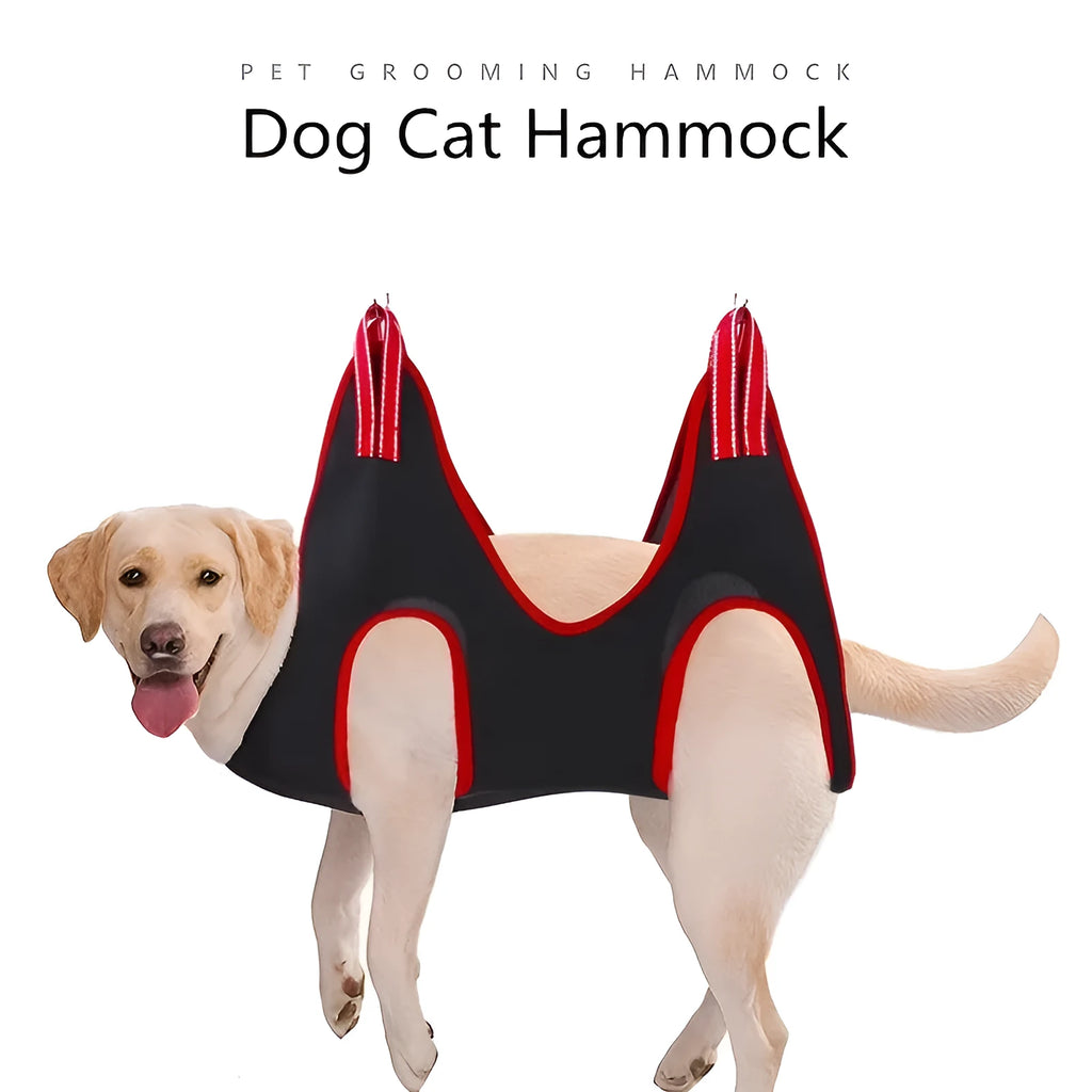 Pet grooming hammock restraint bag in use for dog nail trimming procedure