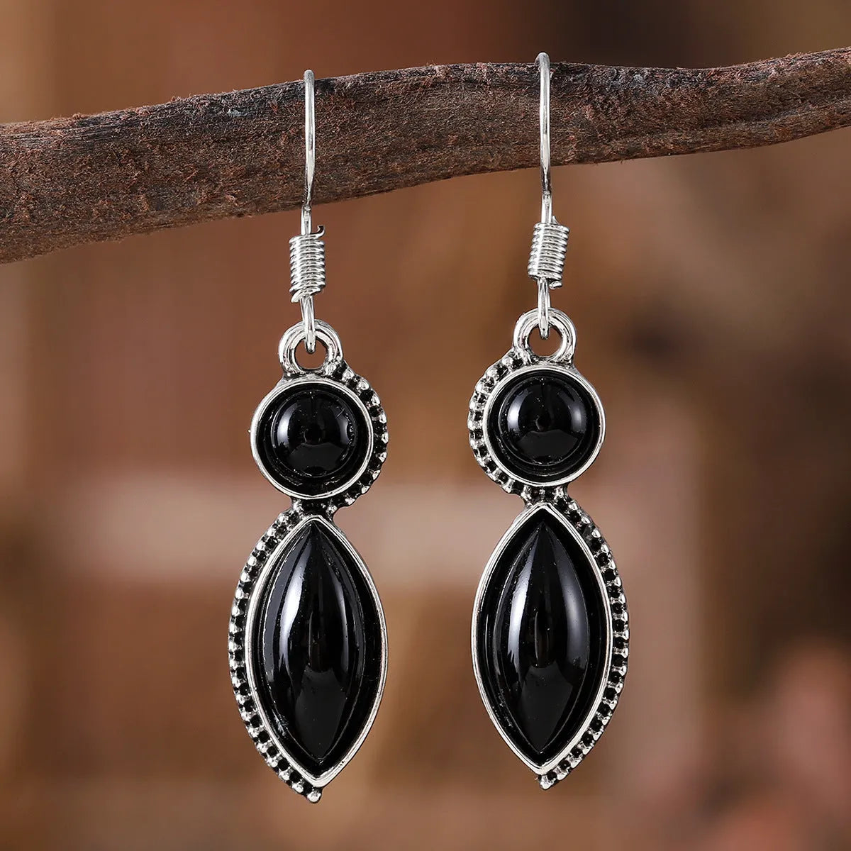 Black and purple vintage geometric drop earrings with round bohemian decorative elements