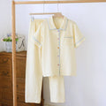 Women's washed cotton double-layer gauze short-sleeved trousers set in a loose, casual style.