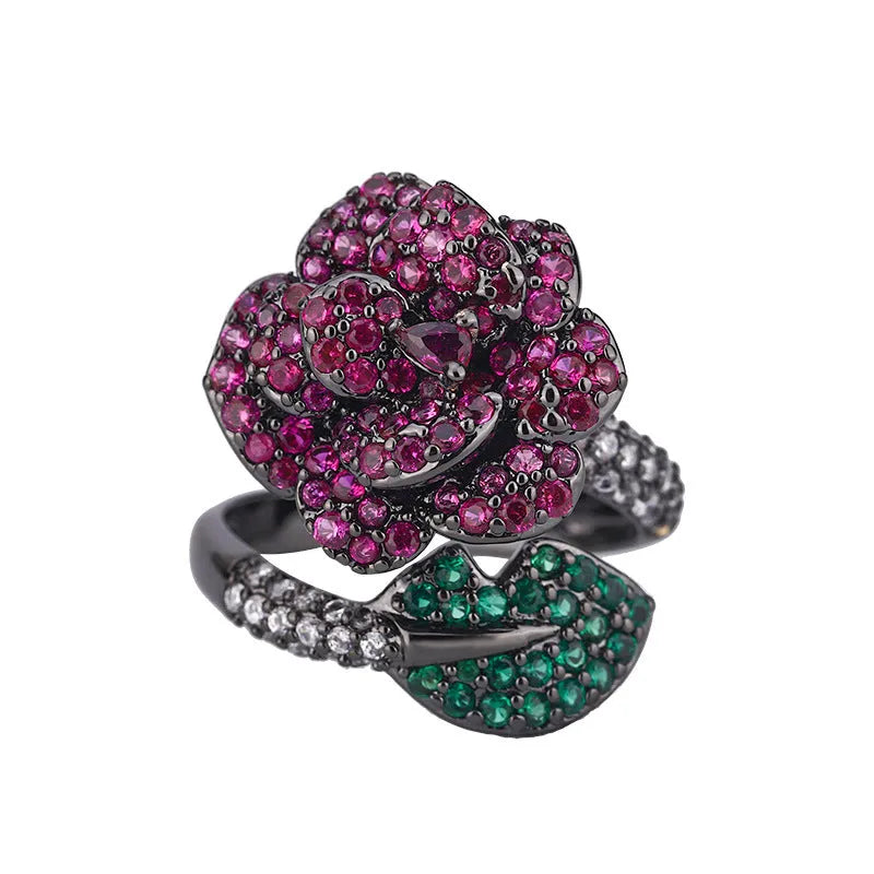 Black gold geometric ring with red corundum simulation stone on copper base with gold plating