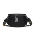 A soft black PU leather women's messenger bag with a single strap, shown in a casual saddle shape.
