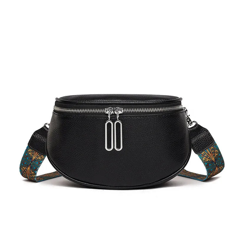 A soft black PU leather women's messenger bag with a single strap, shown in a casual saddle shape.