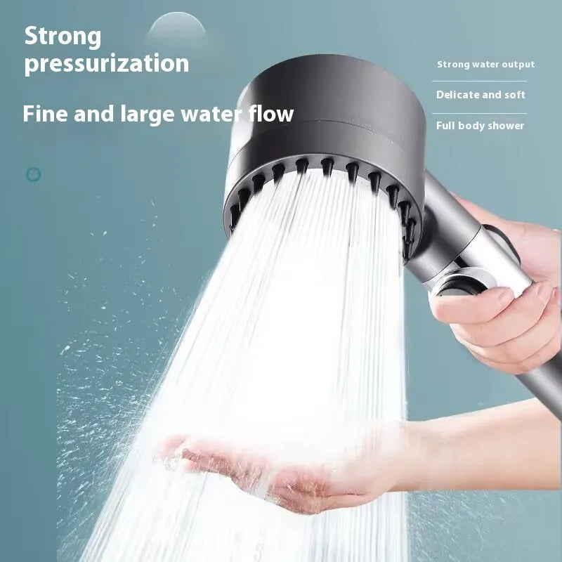 Portable shower head with third gear adjustment dial showing spray, massage, and rain shower functions