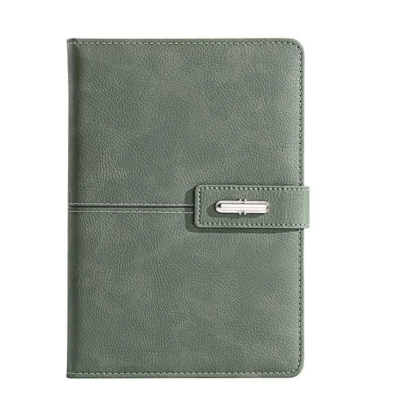 A5 notebook with a PU leather cover, open to show wood-free paper pages.