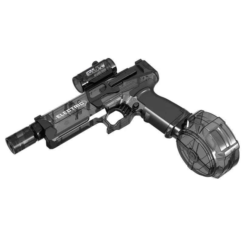 Black and blue automatic electric water pistol with LED lights, shown ready for a summer water fight.