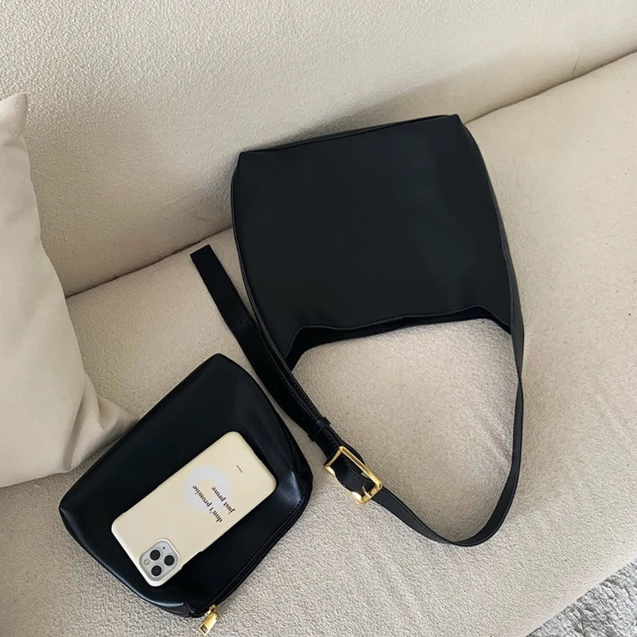 Soft PU leather ladies shoulder bag with swing threads in black or brown