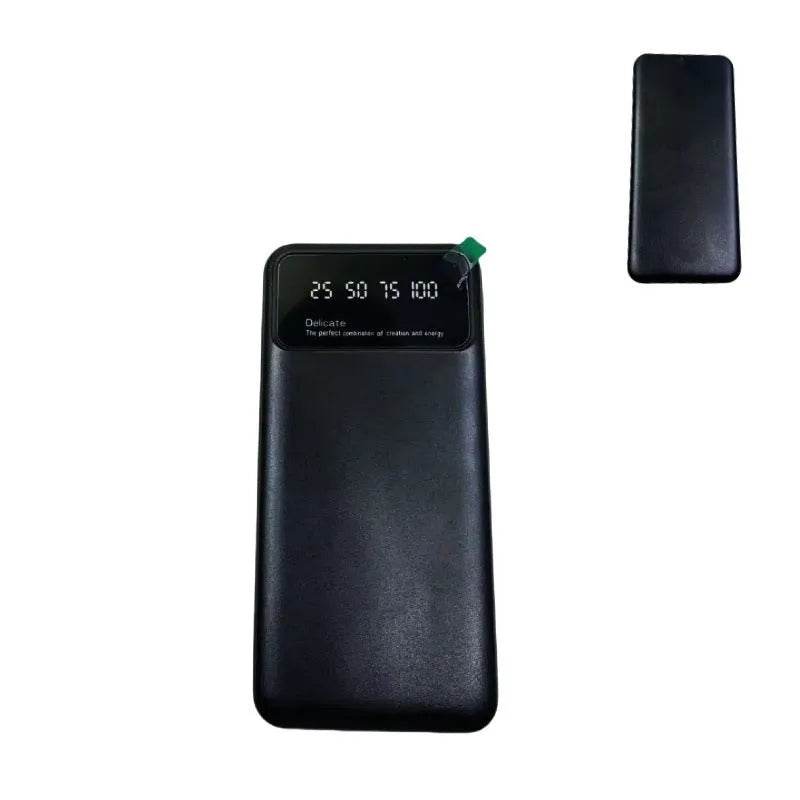 Black ultra-thin portable power bank with 10000mAh capacity, showing compact size.