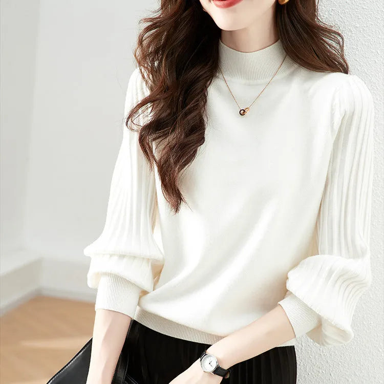 Women's slim-fit half turtleneck shirt in sunk stripe pattern, available in four colours