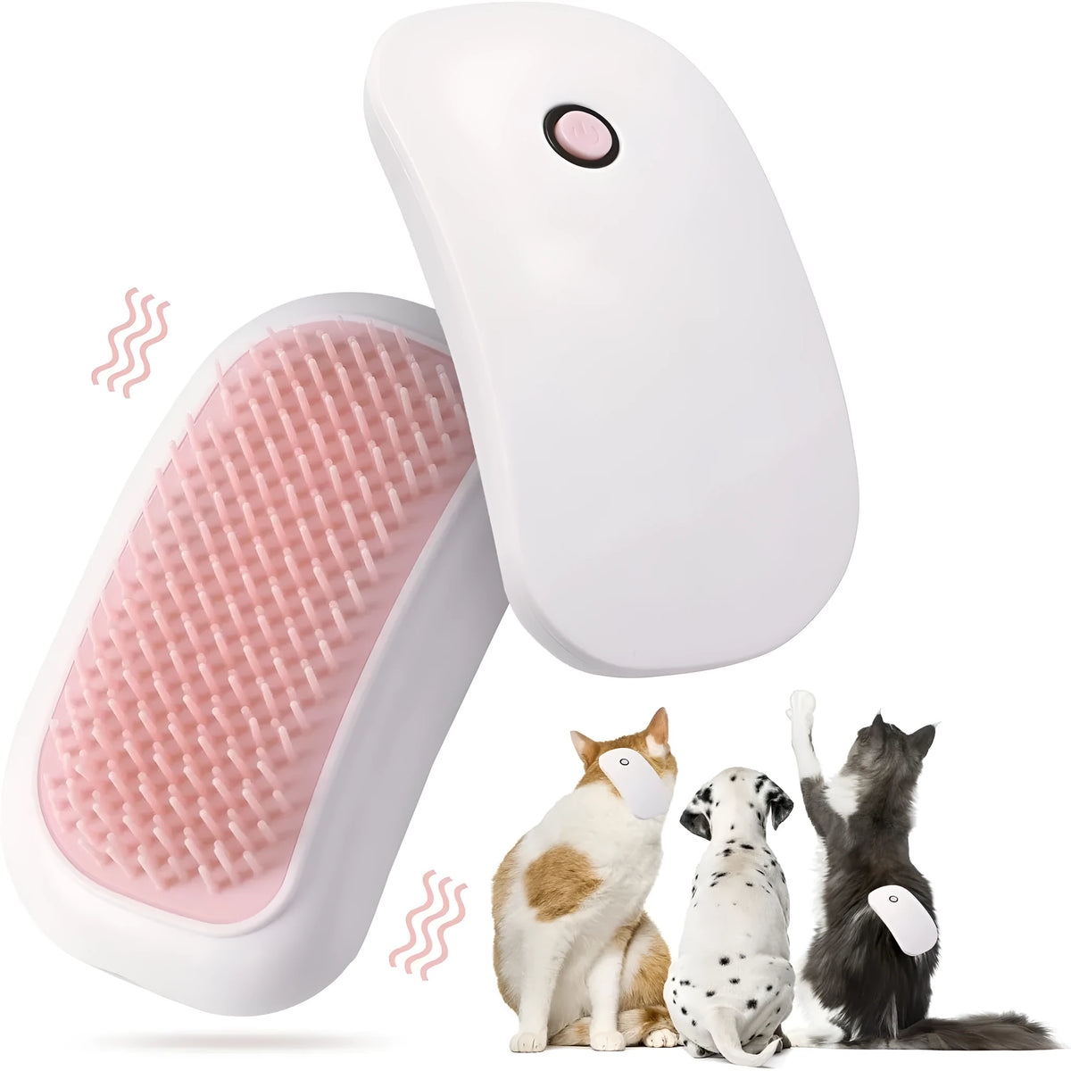 Pink handheld electric pet massage brush with soft teeth on a white background