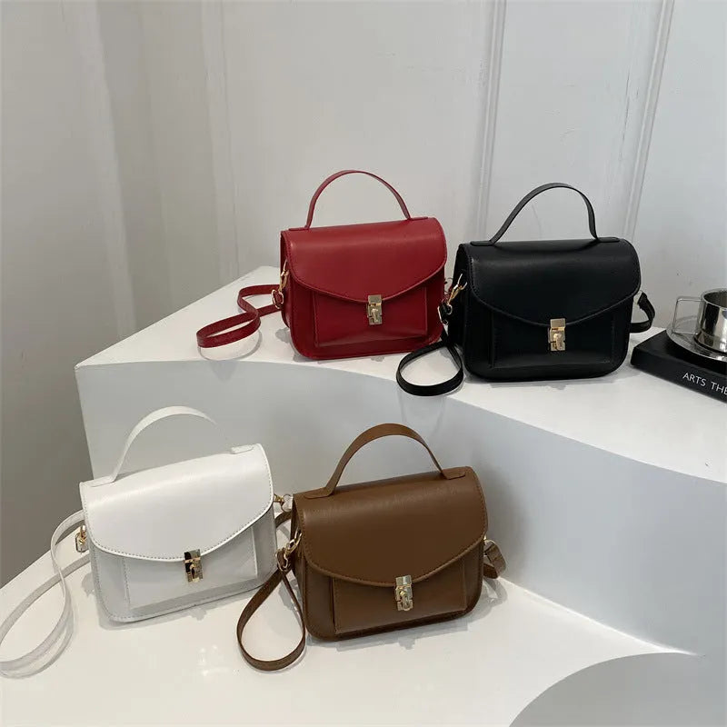 Urban simplicity horizontal square PU crossbody bag with sewing line details and nylon lining in black, white, red, or dark brown