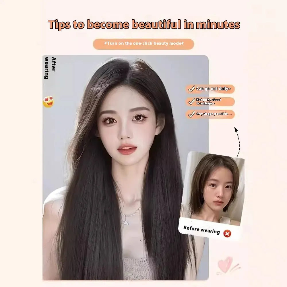 Long straight synthetic wig with forehead lace front and side bangs in dark brown colour.