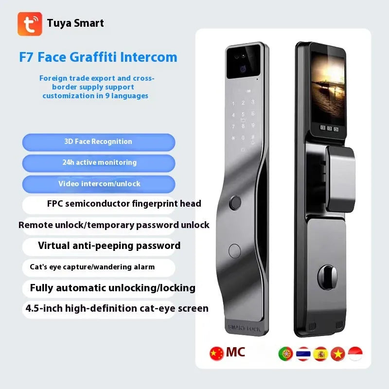 F7 smart door lock with face recognition camera, fingerprint scanner, and password keypad in aluminium alloy housing