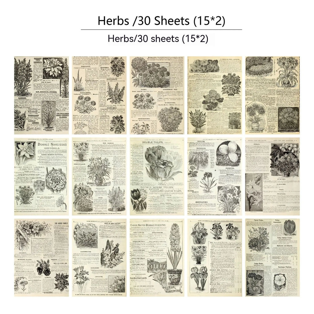 30-piece retro scrapbook paper set showing floral, botanical, musical, and handwritten letter designs for diary decoration