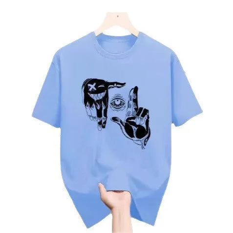 Men's grey casual t-shirt with a colourful digital cartoon print on the front, showcasing the mesh texture of the bird eye cloth fabric.