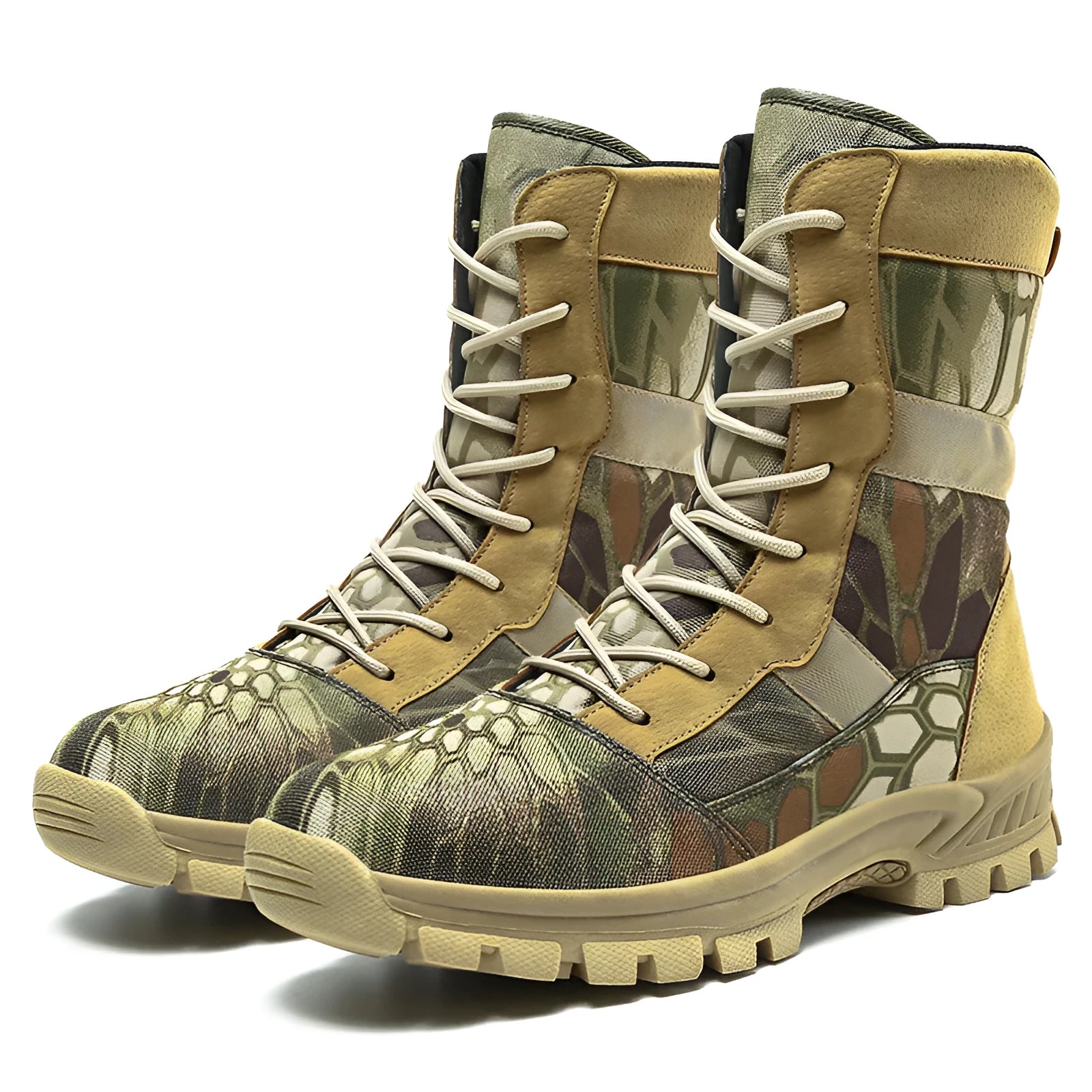 Men's black and camouflage high-top sports boots with mesh upper and totem detail.
