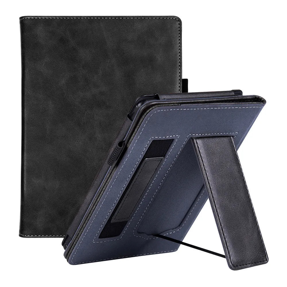 Kindle Paperwhite leather case with wrist splint bracket attached, showing calf leather exterior and microfiber interior