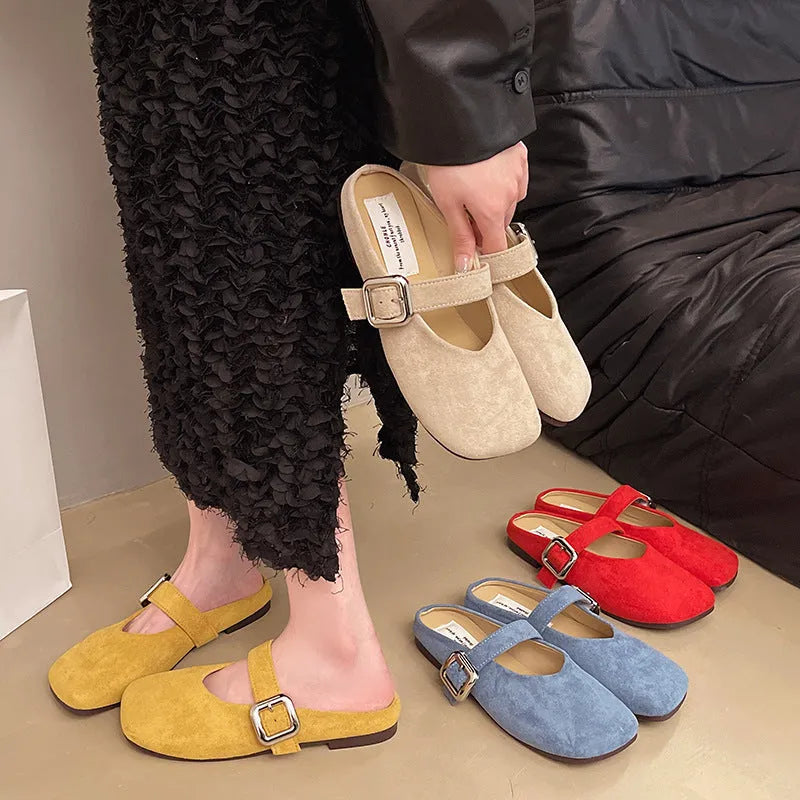 Women's flat closed toe half slippers in apricot colour with square toe and rubber sole