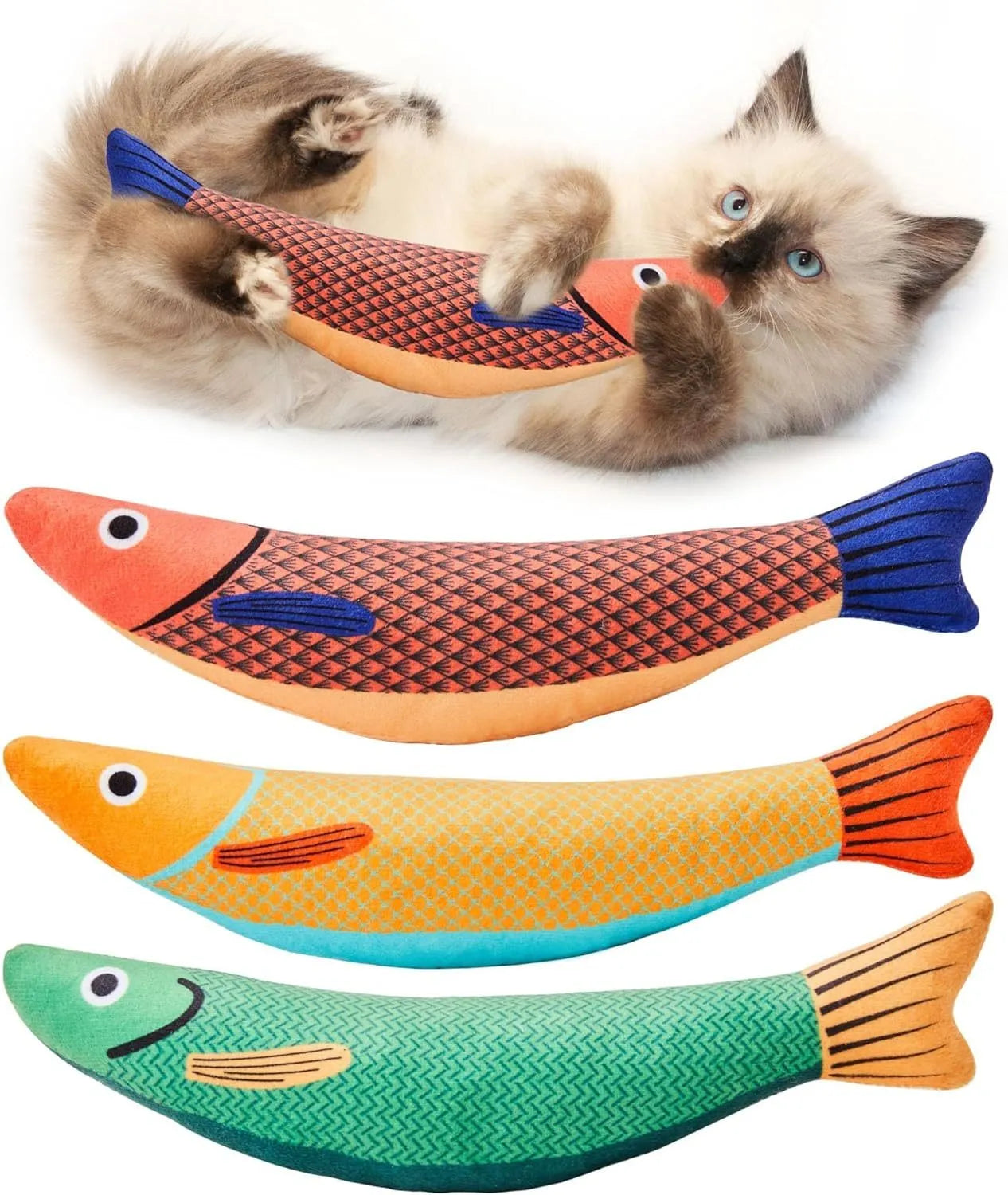 Soft plush fish cat toy with organic catnip and crinkle sound in green orange and yellow colours for kittens