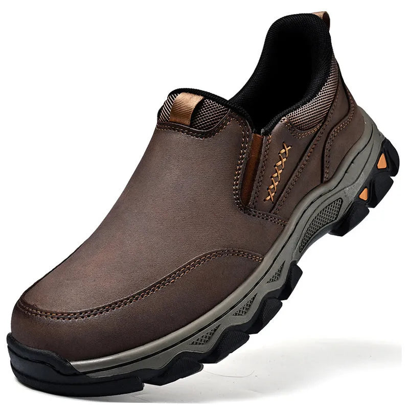 Men's dark brown casual leather shoes with round toe and flat rubber sole.