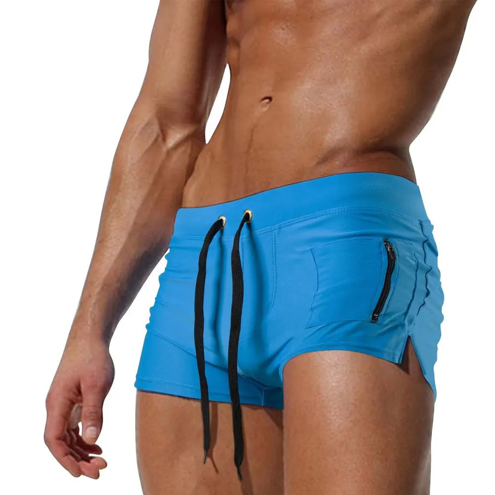 Men's black polyester high waist lace-up swimming trunks with spandex lining