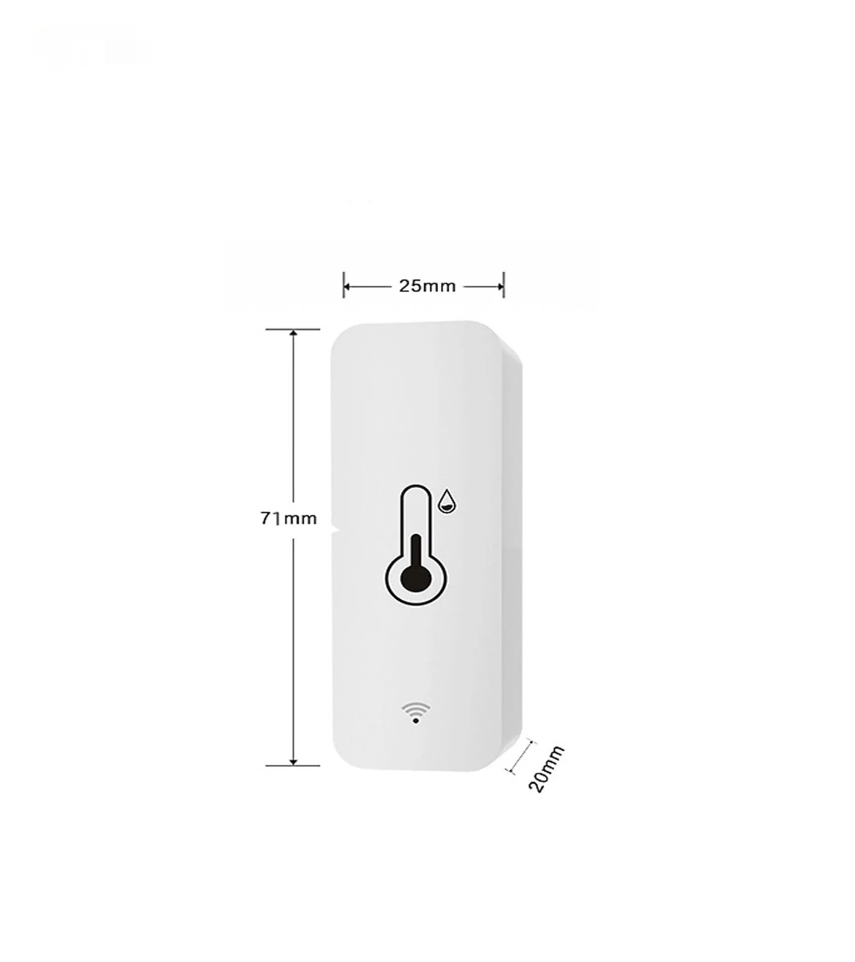 White ABS plastic WiFi temperature and humidity sensor measuring 72x25x20mm for smart home monitoring