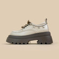 White platform Mary Jane shoes with round toe, lace-up front, and chunky 6-8cm heels