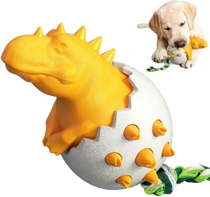 Blue dinosaur-shaped dog chew toy with rubber texture, rope tail, and dental cleaning nubs