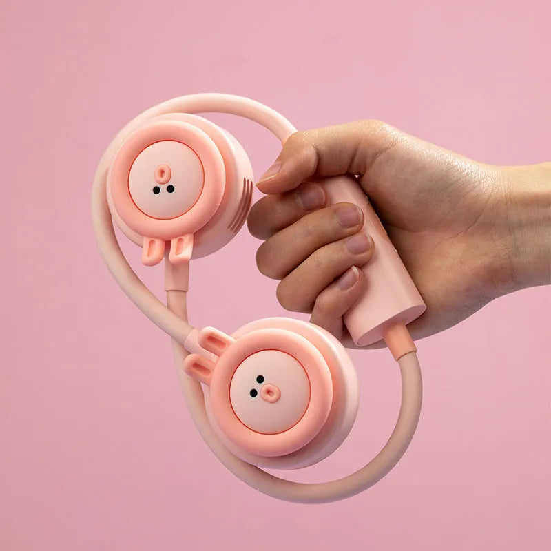 Pink and blue leafless hanging neck fan folded showing USB port and mechanical controls